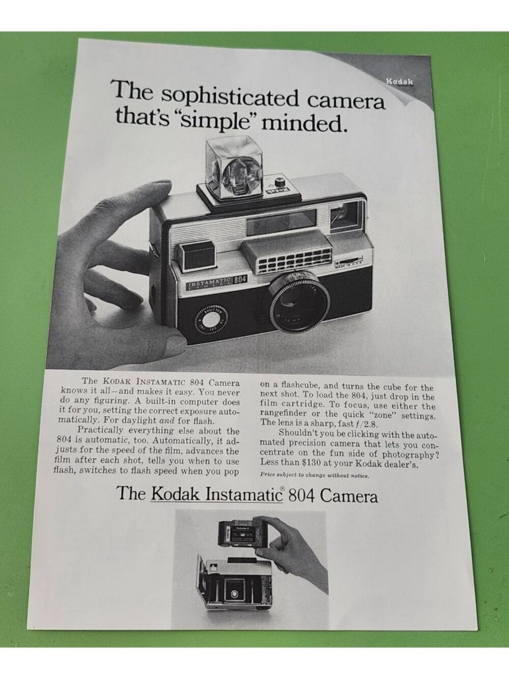 Vintage Kodak Instamatic 804 Camera Advertisement Print 1960s 7x10 Inches Black